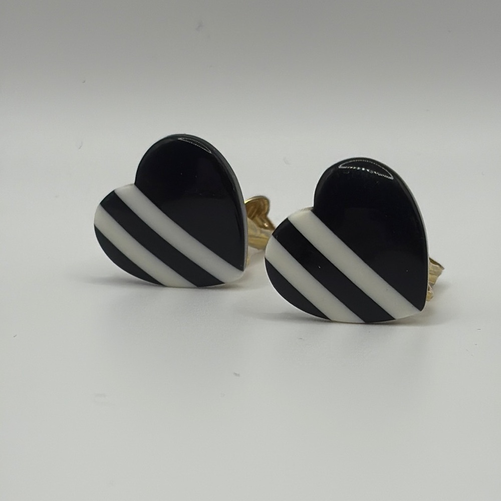 Vintage 80’s Black and White Striped Heart Earrings Clip Ons